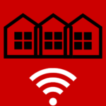 Icon showing row of three houses above wifi signal logo- Broadband in Community and Rural Development