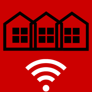 Icon showing row of three houses above wifi signal logo- Broadband in Community and Rural Development